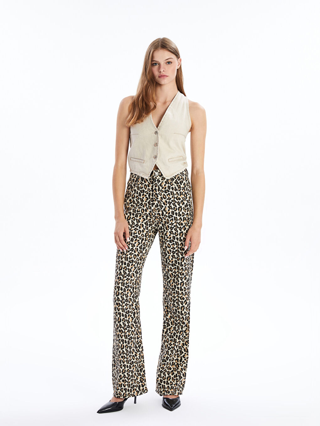 Kahverengi Standart Fit Leopar Desenli Kadın Pantolon