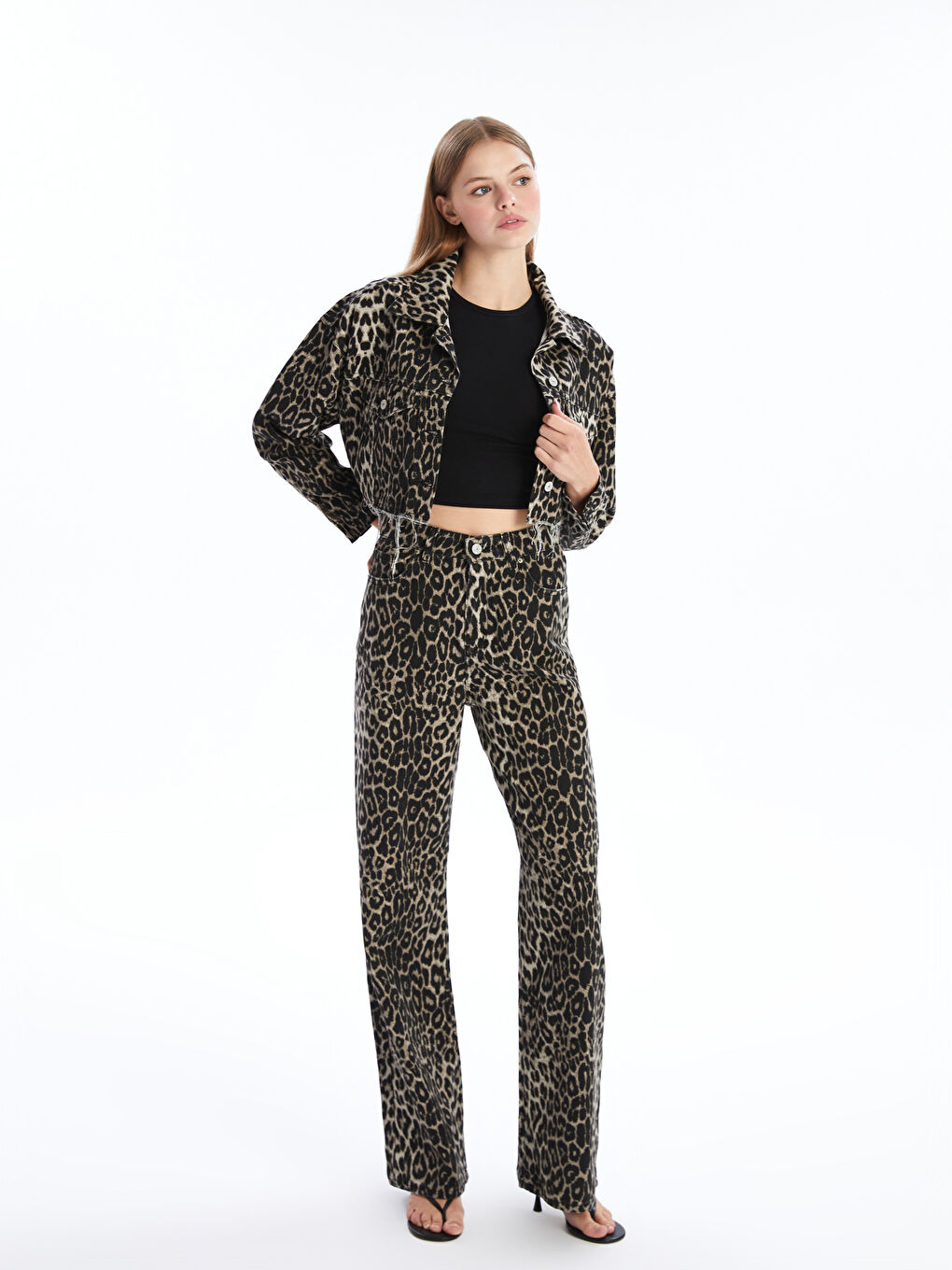 LCW Limited Kahverengi Gömlek Yaka Leopar Desenli Kadın Jean Ceket - 1
