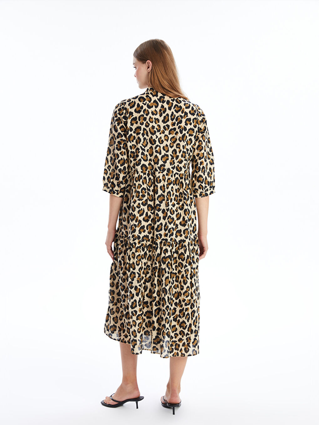 Kahverengi Bağlamalı Yaka Leopar Desenli Kadın Elbise-3
