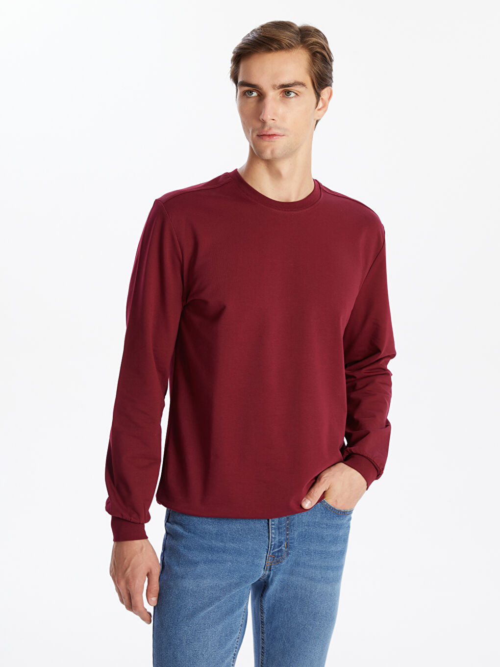 LC WAIKIKI Bordo Bisiklet Yaka Uzun Kollu Erkek Sweatshirt