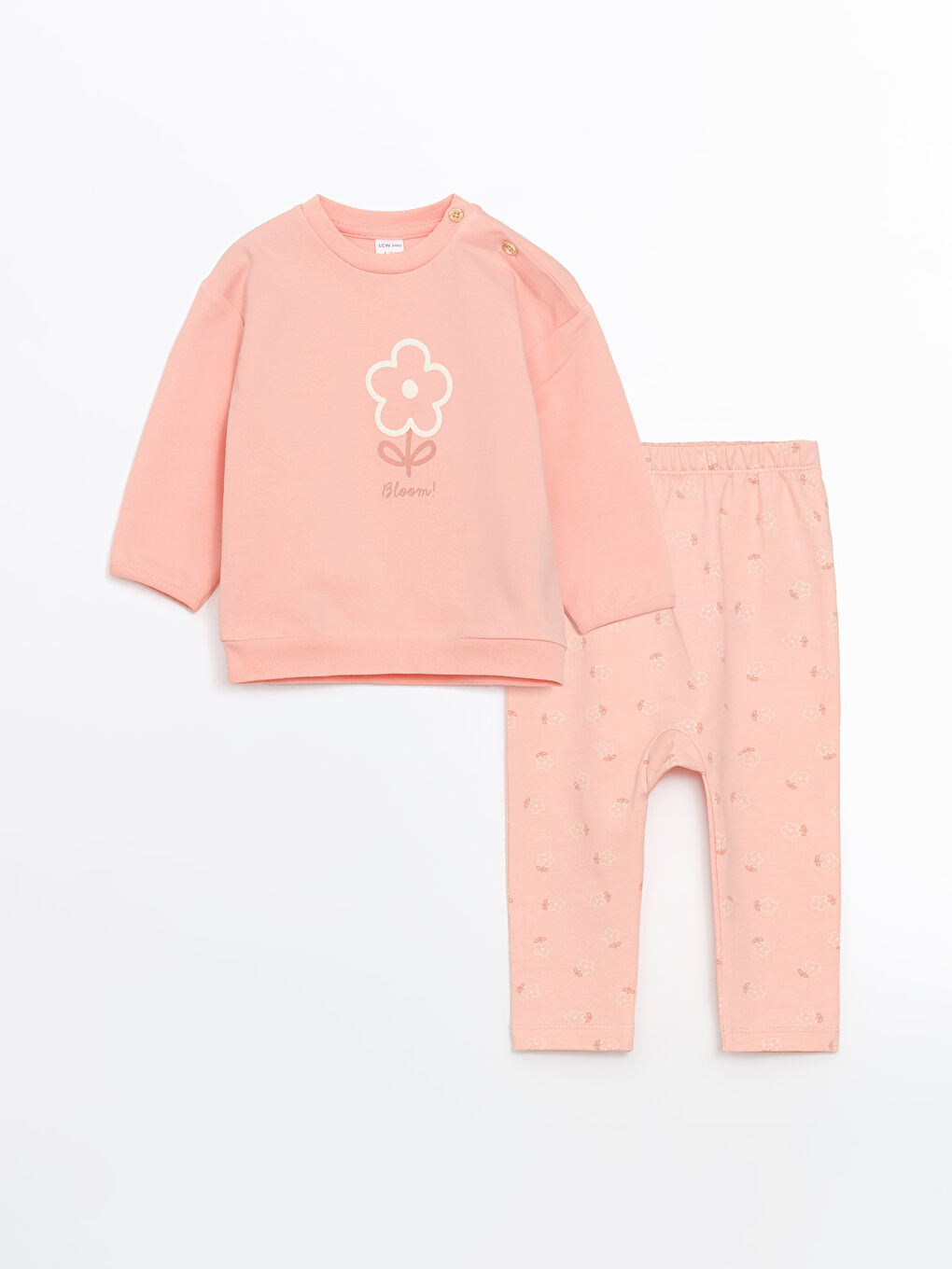 LCW baby Pembe Bisiklet Yaka Uzun Kollu Çiçekli Kız Bebek Sweatshirt ve Tayt 2'li Takım