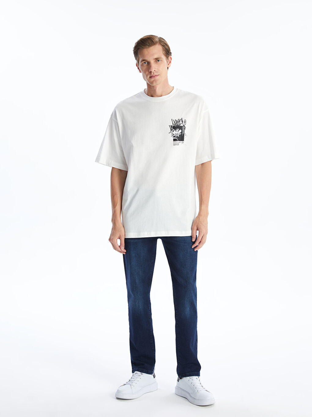 Ekru Bisiklet Yaka Kısa Kollu Baskılı Penye Erkek Tişört-1