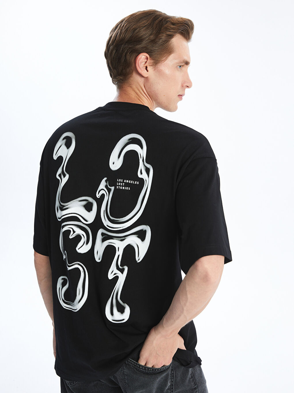 Siyah Bisiklet Yaka Kısa Kollu Baskılı Penye Erkek Tişört