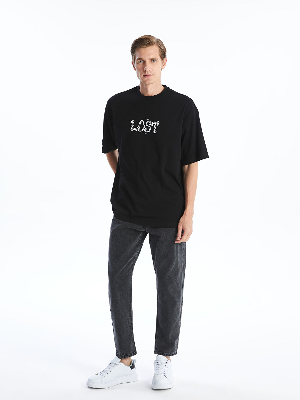 Siyah Bisiklet Yaka Kısa Kollu Baskılı Penye Erkek Tişört-1