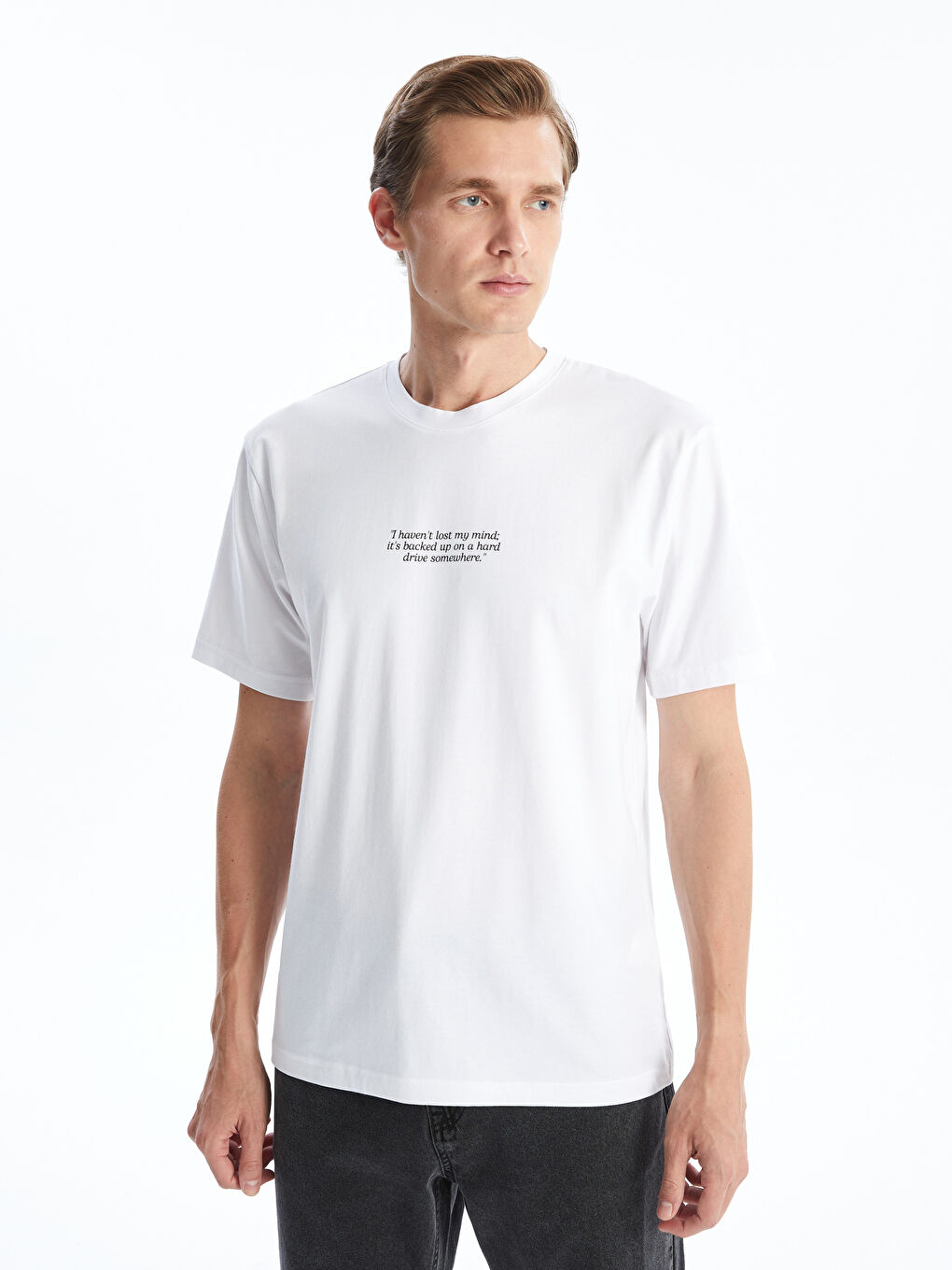 Beyaz Bisiklet Yaka Kısa Kollu Baskılı Penye Erkek Tişört