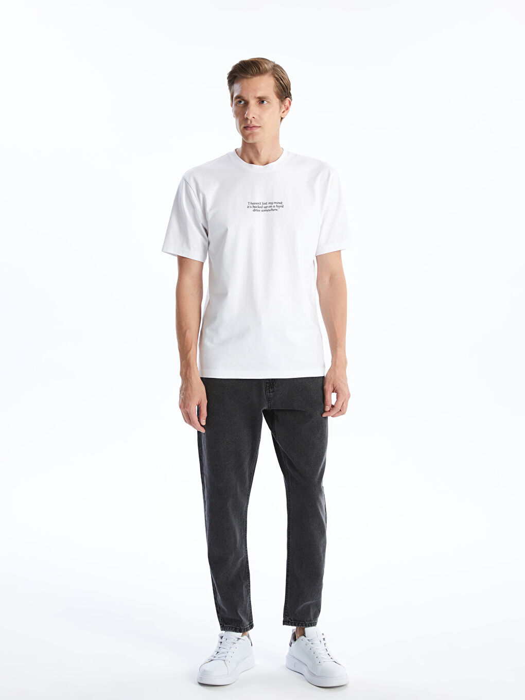 Beyaz Bisiklet Yaka Kısa Kollu Baskılı Penye Erkek Tişört-1