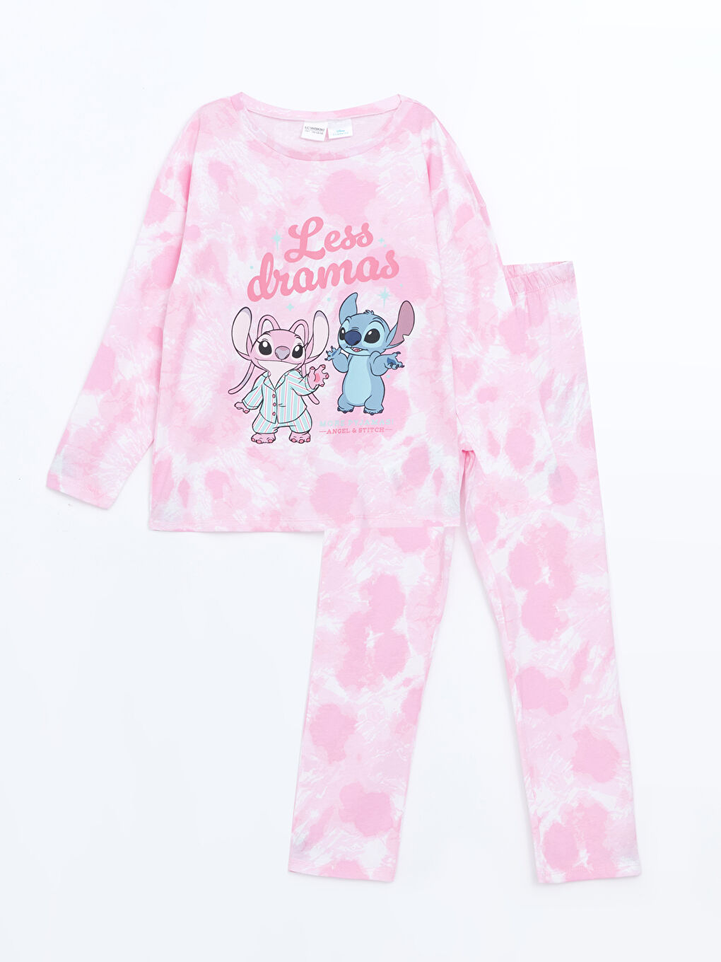 LCW Kids Pembe Bisiklet Yaka Lilo ve Stitch Baskılı Kız Çocuk Pijama Takımı