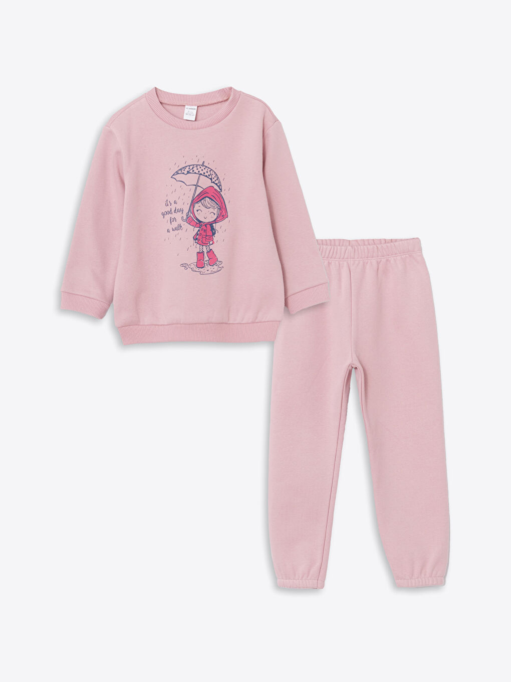 LCW baby Pembe Bisiklet Yaka Baskılı Kız Bebek Sweatshirt ve Eşofman Alt 2'li