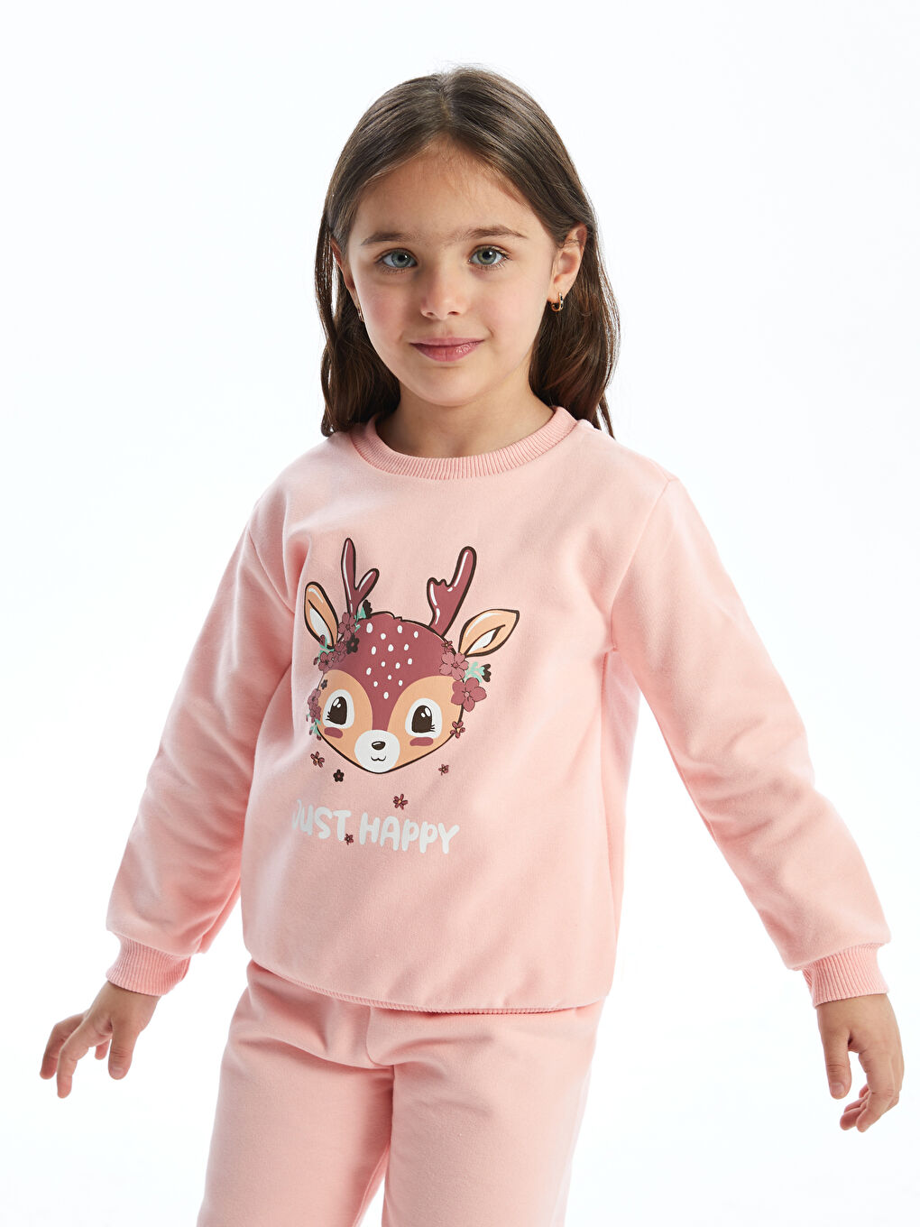 Pembe Bisiklet Yaka Kız Çocuk Sweatshirt ve Eşofman Alt 2'li-1