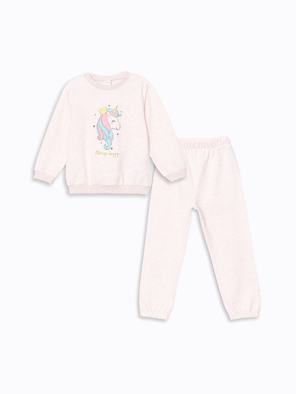 LCW baby Pembe Bisiklet Yaka Baskılı Kız Bebek Sweatshirt ve Eşofman Alt 2'li