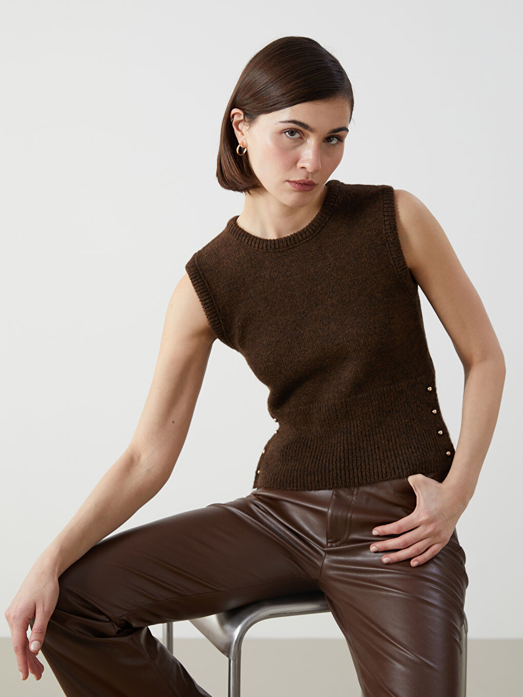 Crew Neck Women'S Knit Sweater Vest -W4KN59Z8-HCJ