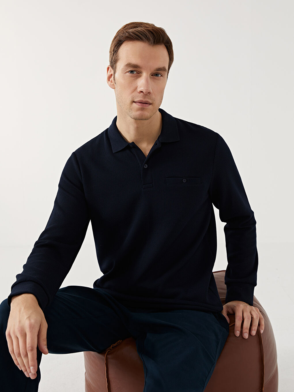 Lacivert Polo Yaka Uzun Kollu Erkek Sweatshirt