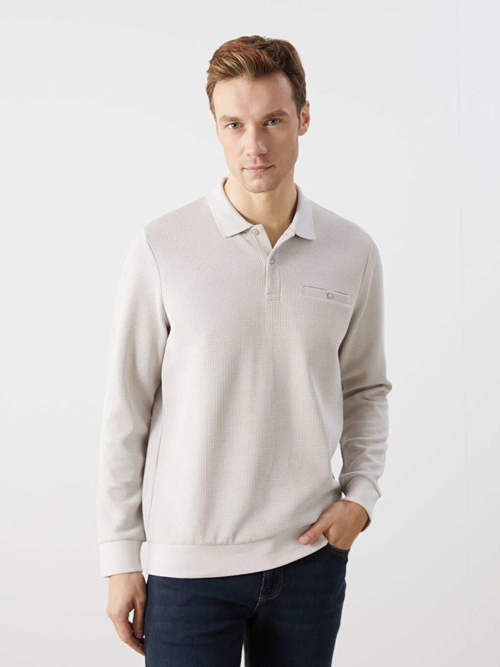 LCWAIKIKI Classic Bej Polo Yaka Uzun Kollu Erkek Sweatshirt