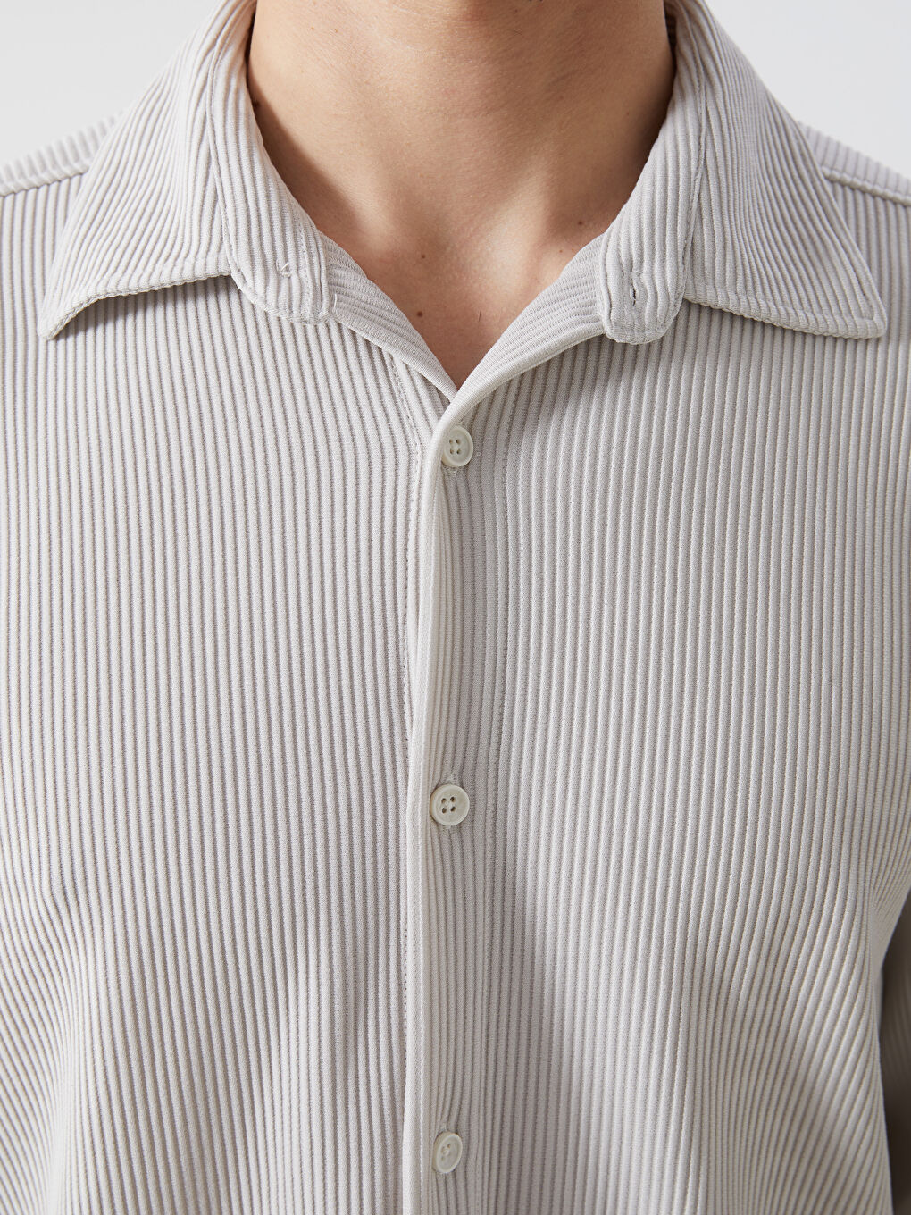 Bej Rahat Kalıp Uzun Kollu Erkek Dokulu Gömlek-2