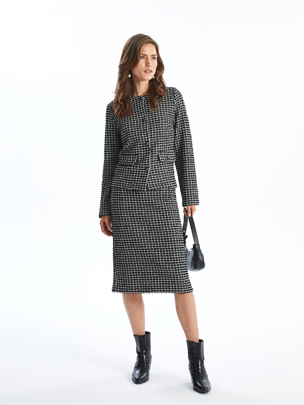 Siyah Dar Fit Ekose Kadın Kalem Etek