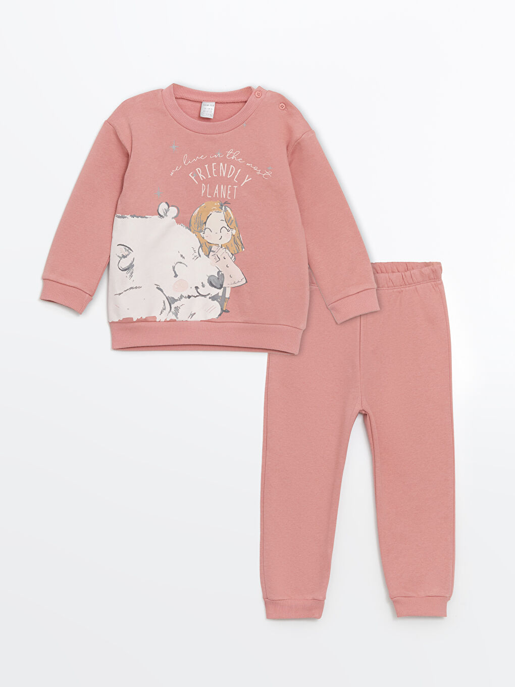 LCW ECO Pembe Bisiklet Yaka Baskılı Kız Bebek Sweatshirt ve Eşofman Alt 2'li