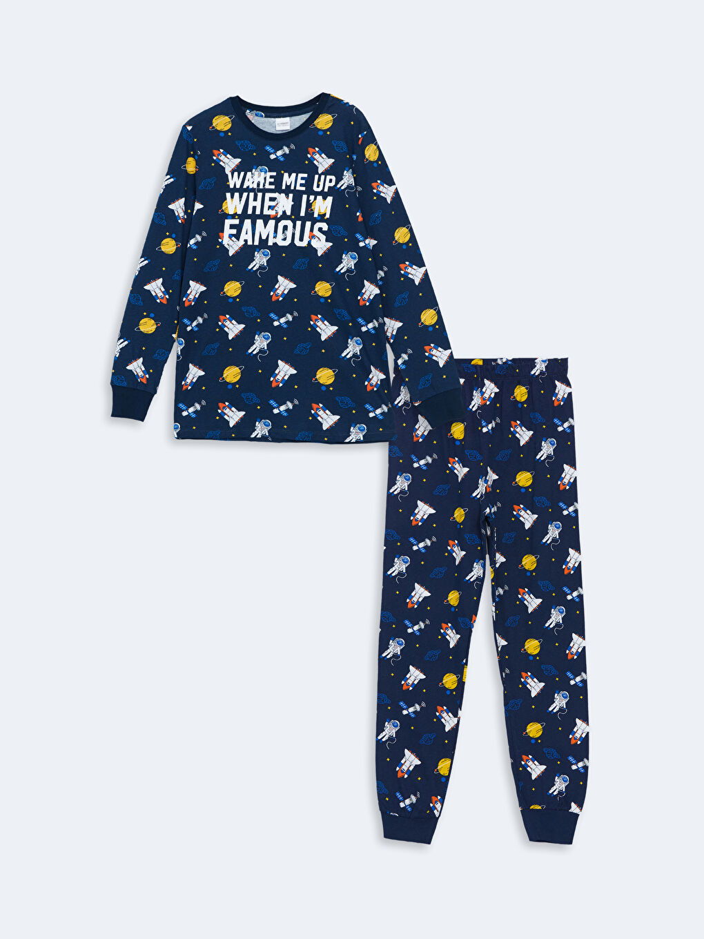 LCW Kids Lacivert Baskılı Bisiklet Yaka Erkek Çocuk Pijama Takımı