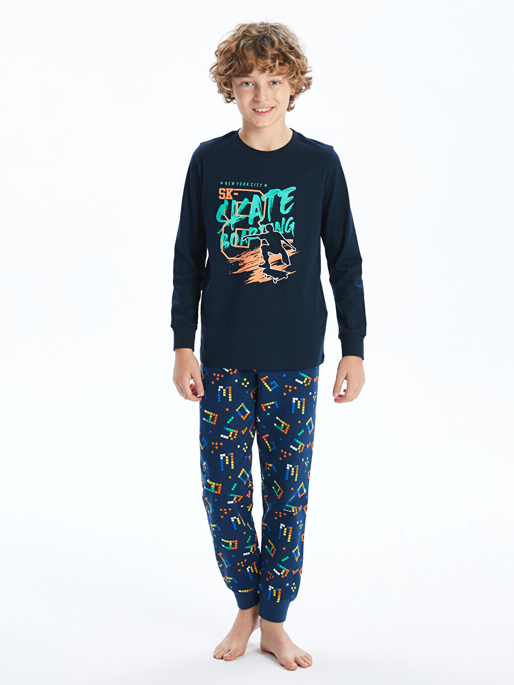 Lacivert Bisiklet Yaka Erkek Çocuk Pijama Takımı-1