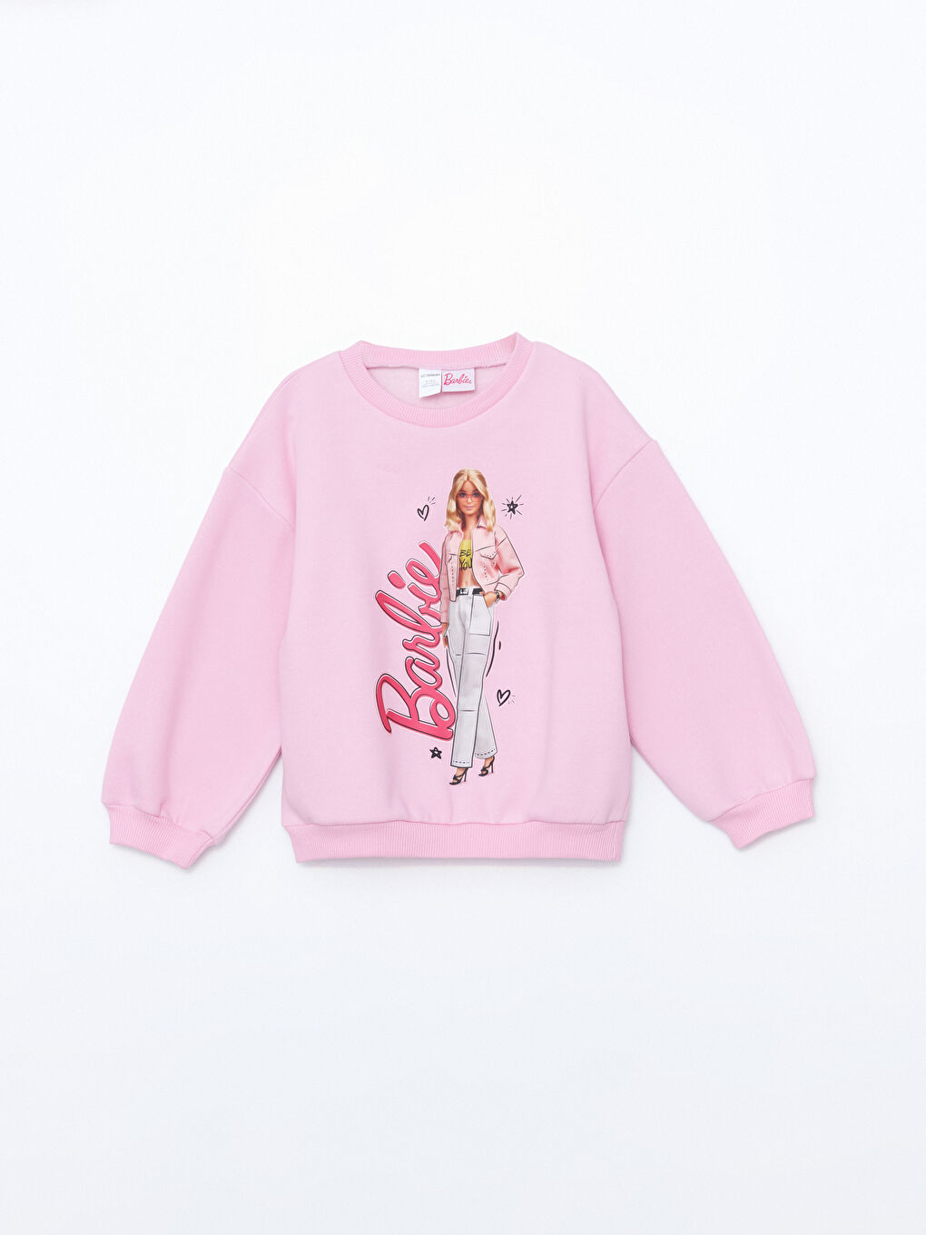 LCW baby Pembe Leylak Bisiklet Yaka Barbie Baskılı Kalın Kız Çocuk Sweatshirt