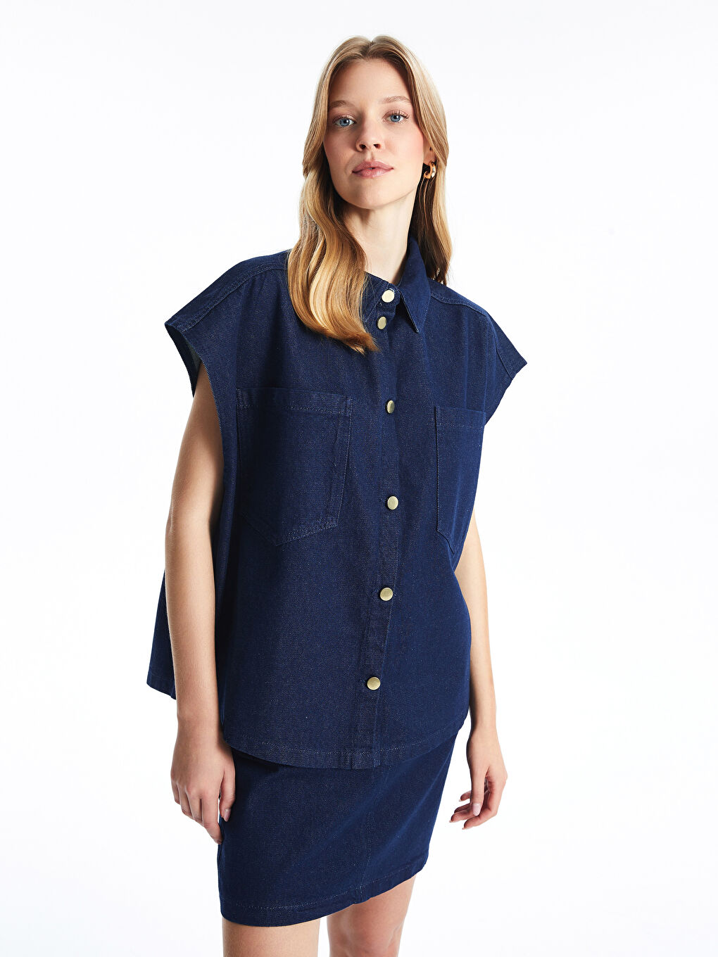 Lacivert Gömlek Yaka Oversize Kadın Jean Yelek