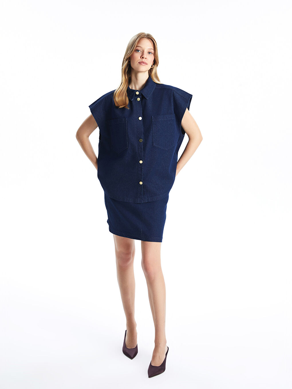 Lacivert Gömlek Yaka Oversize Kadın Jean Yelek-1