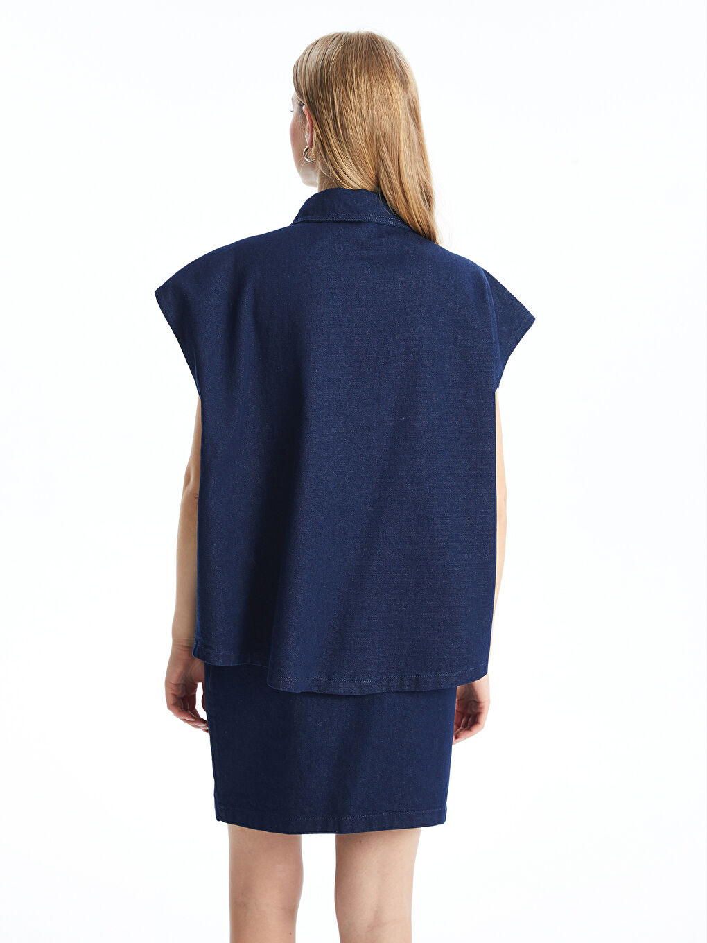 Lacivert Gömlek Yaka Oversize Kadın Jean Yelek-3