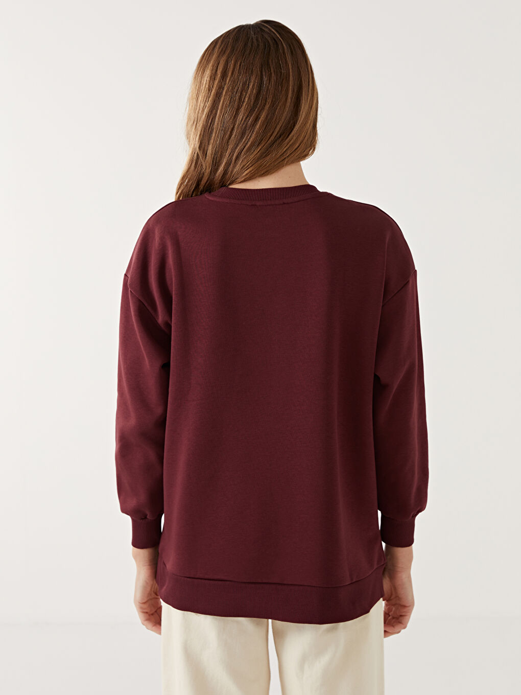 LCW Modest Bordo Bisiklet Yaka Nakışlı Kadın Kalın Sweatshirt Tunik - 3