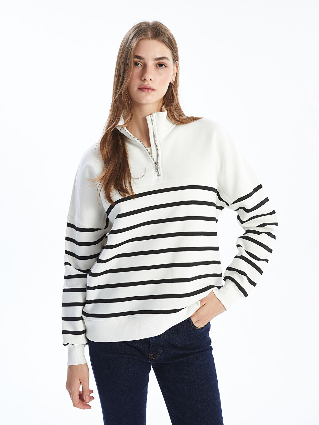 LCW Modest Siyah Çizgili Dik Yaka Çizgili Kadın Sweatshirt Tunik