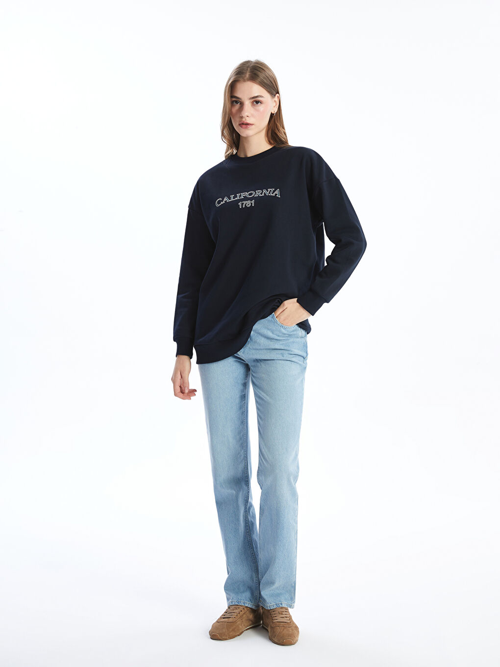 LCW Modest Lacivert Bisiklet Yaka Baskılı Oversize Kadın Sweatshirt Tunik - 1