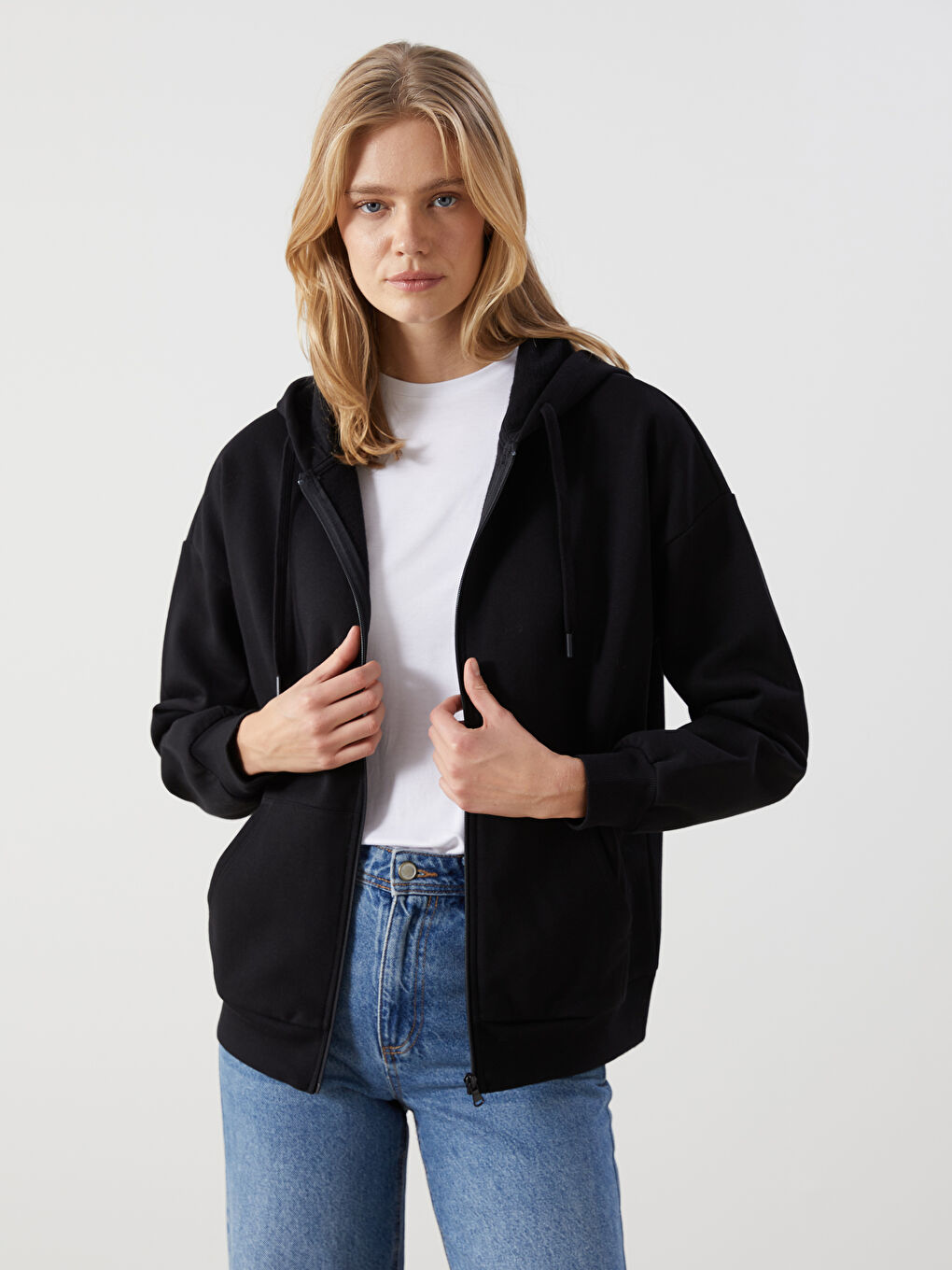 Siyah Kapüşonlu Oversize Kadın Fermuarlı Sweatshirt