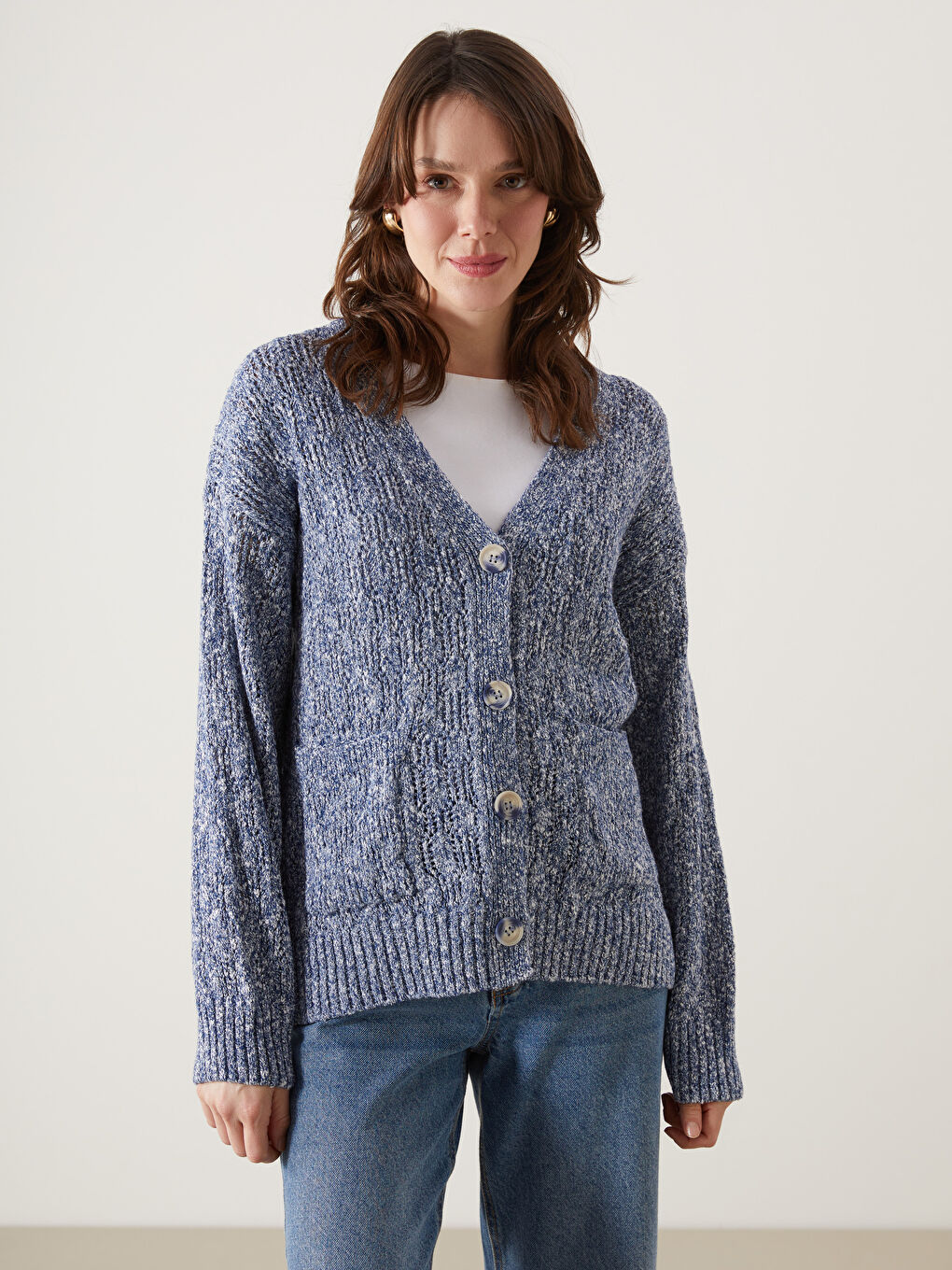 V-Neck Hole-Knitted Women's Knitwear Cardigan -W4KS00Z8-DP7