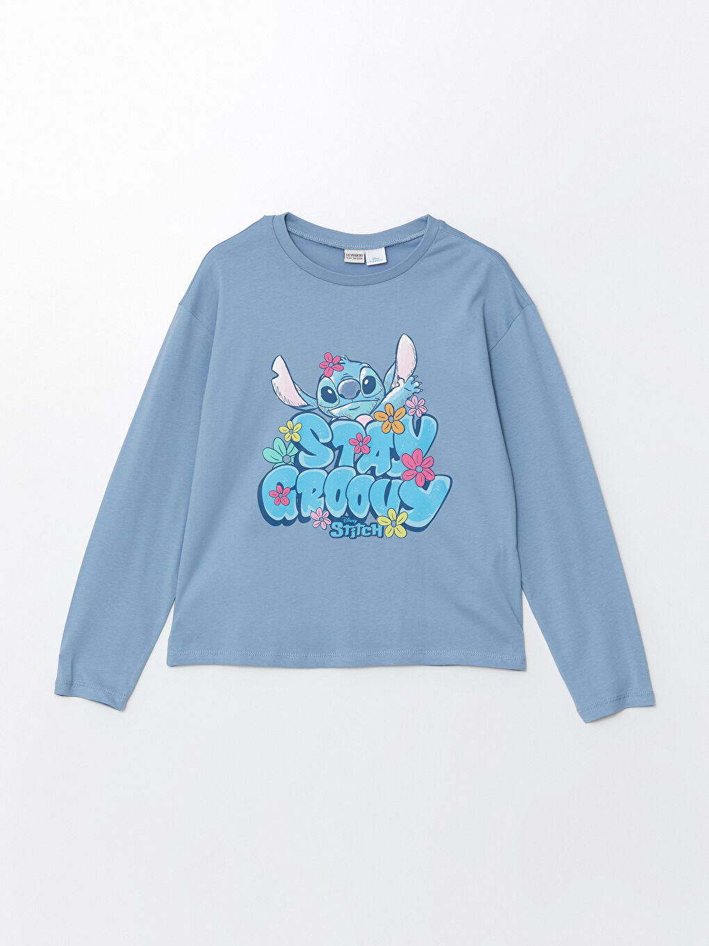 LCW Kids Açık Mavi Bisiklet Yaka Stitch Baskılı Kız Çocuk Tişört