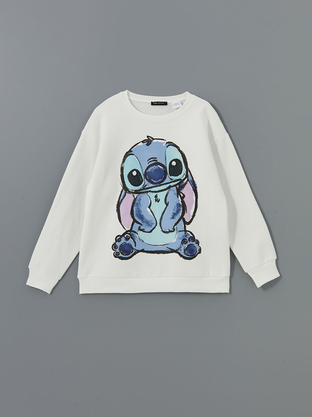 LCW Comfort Ekru Bisiklet Yaka Lilo & Stitch Baskılı Kadın Kalın Sweatshirt