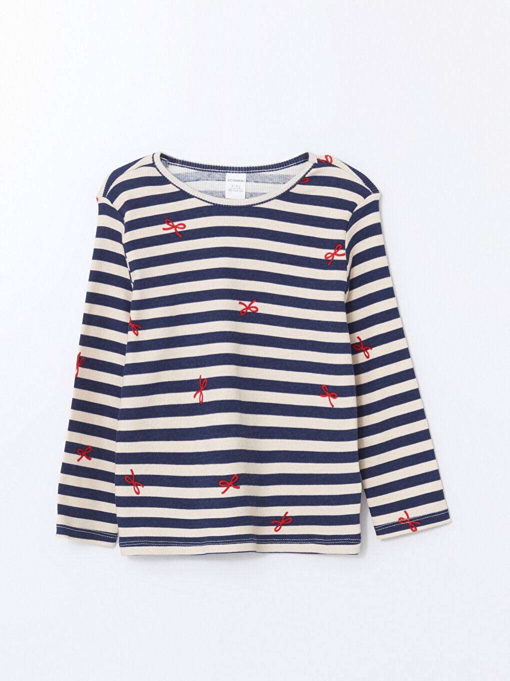 Lacivert Bisiklet Yaka Çizgili Kız Çocuk Tişört