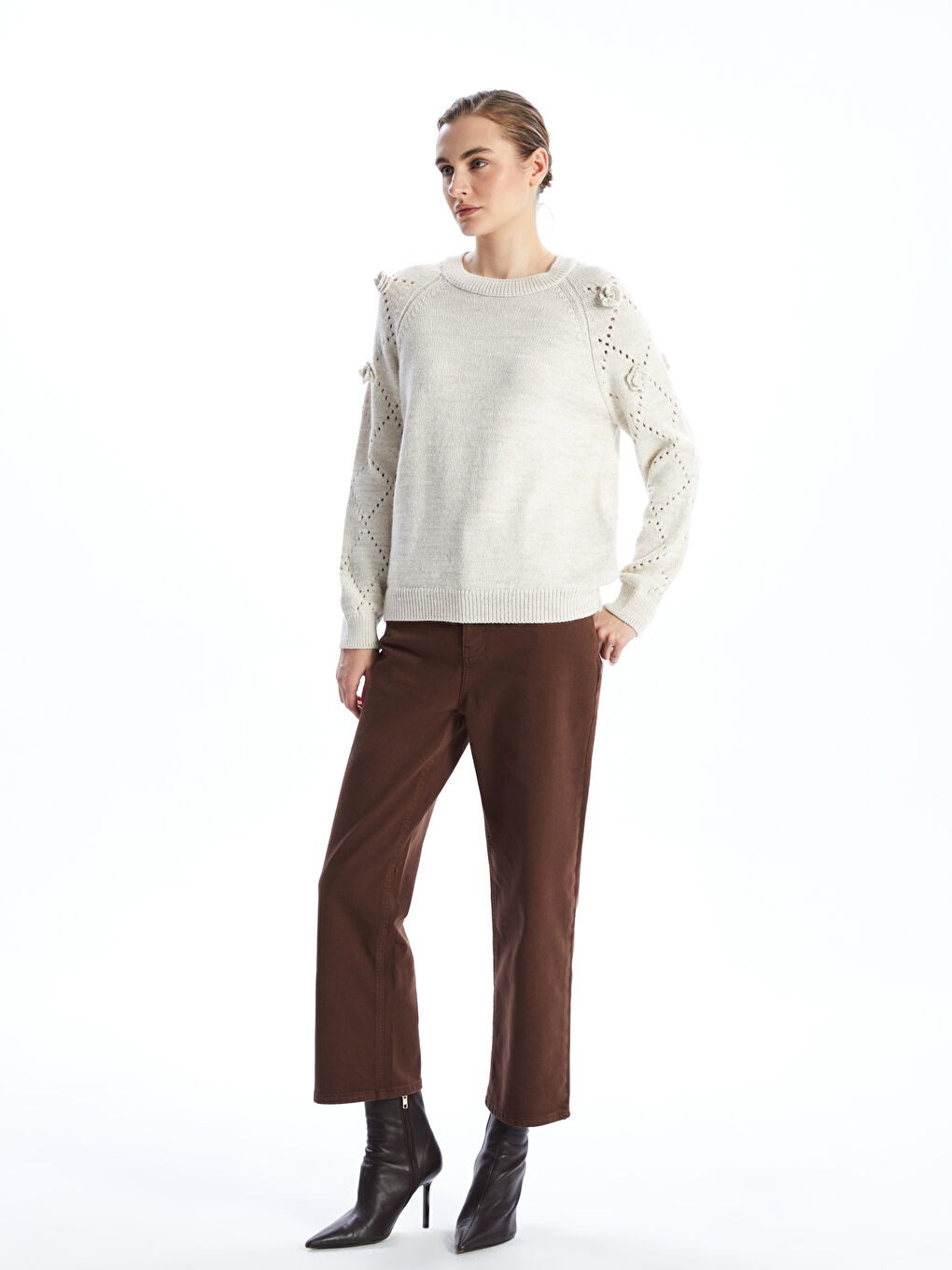 Ekru Bisiklet Yaka Ajurlu Kadın Triko Kazak-1