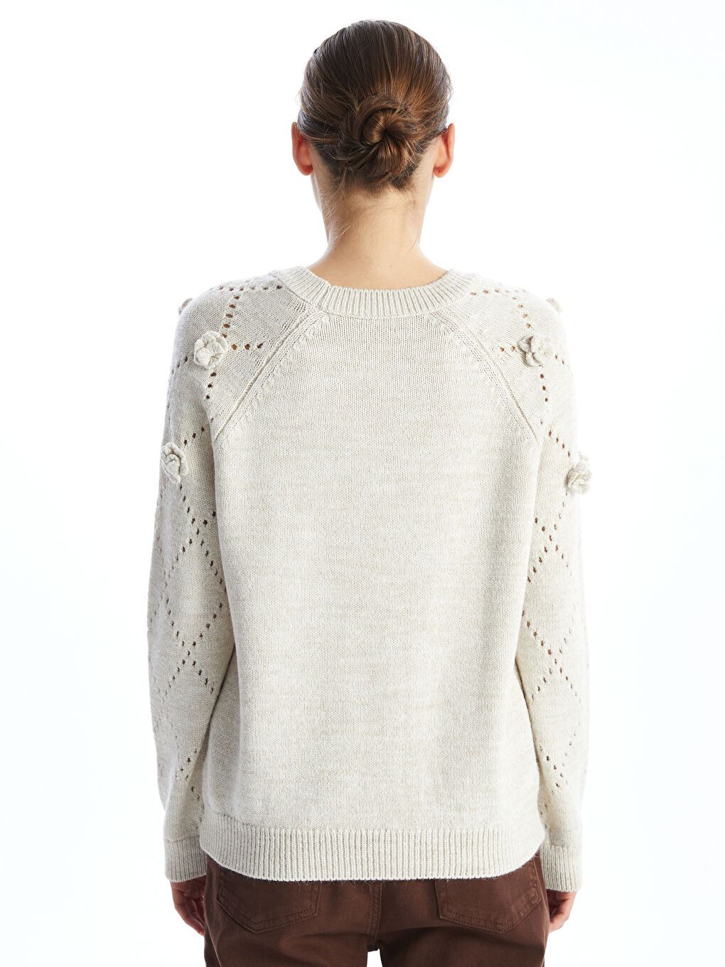 Ekru Bisiklet Yaka Ajurlu Kadın Triko Kazak-3