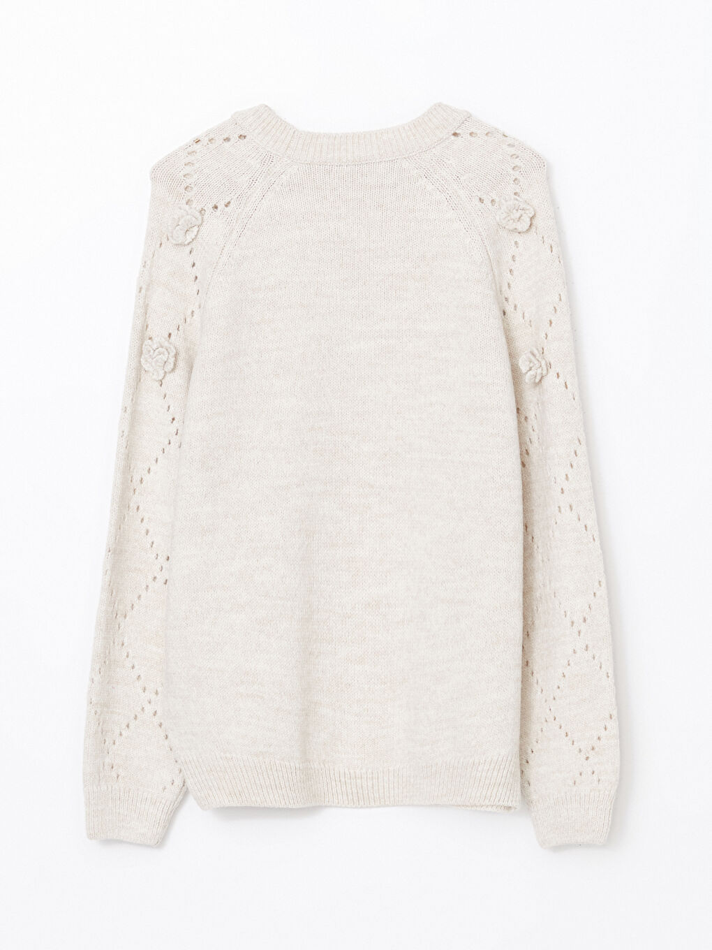 Ekru Bisiklet Yaka Ajurlu Kadın Triko Kazak-5