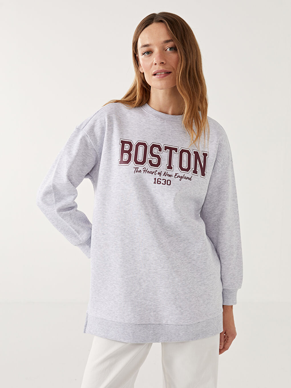 LCW Modest Antrasit Bisiklet Yaka Boston Baskılı Kadın Kalın Sweatshirt Tunik