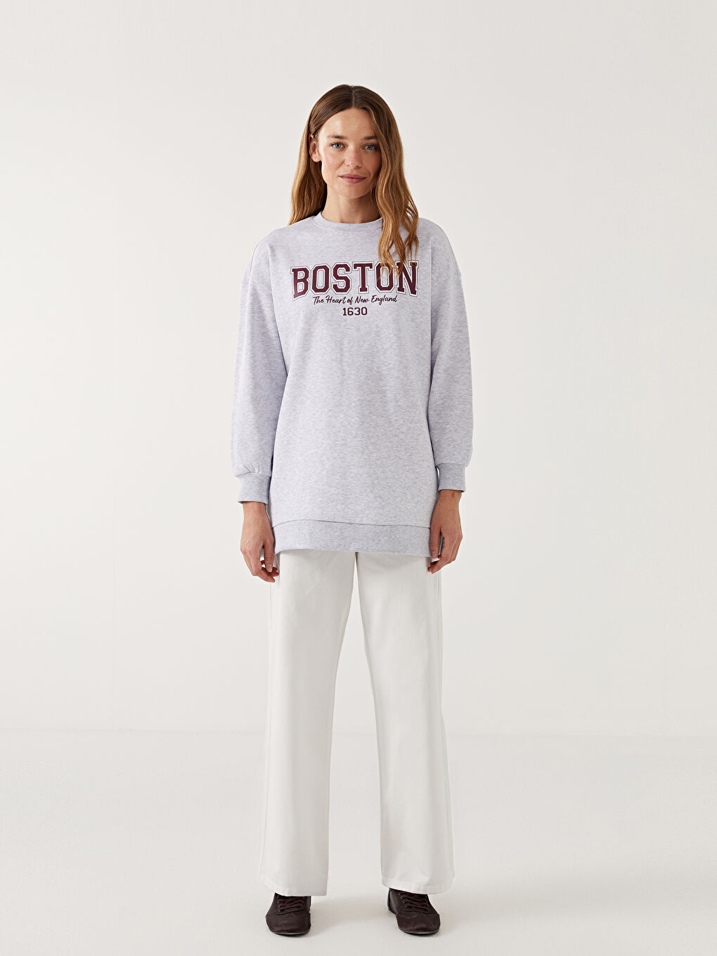 LCW Modest Antrasit Bisiklet Yaka Boston Baskılı Kadın Kalın Sweatshirt Tunik - 1