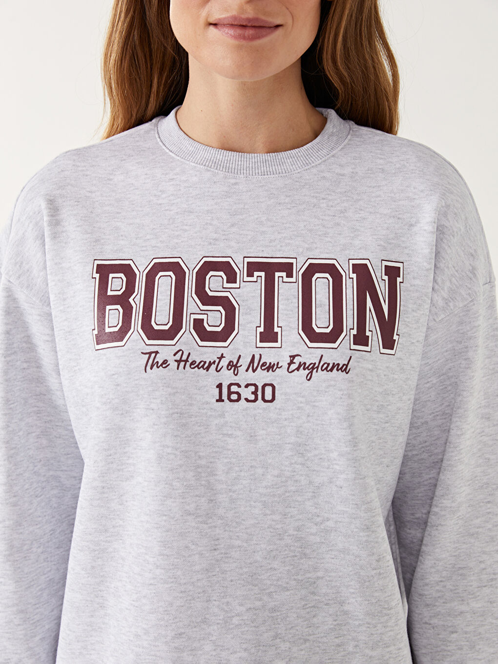 LCW Modest Antrasit Bisiklet Yaka Boston Baskılı Kadın Kalın Sweatshirt Tunik - 2