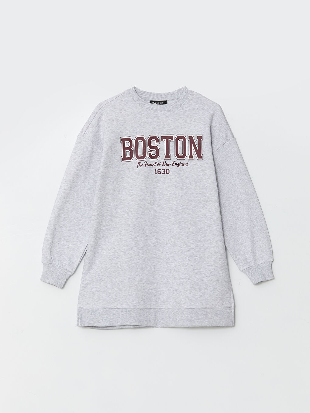 LCW Modest Antrasit Bisiklet Yaka Boston Baskılı Kadın Kalın Sweatshirt Tunik - 4