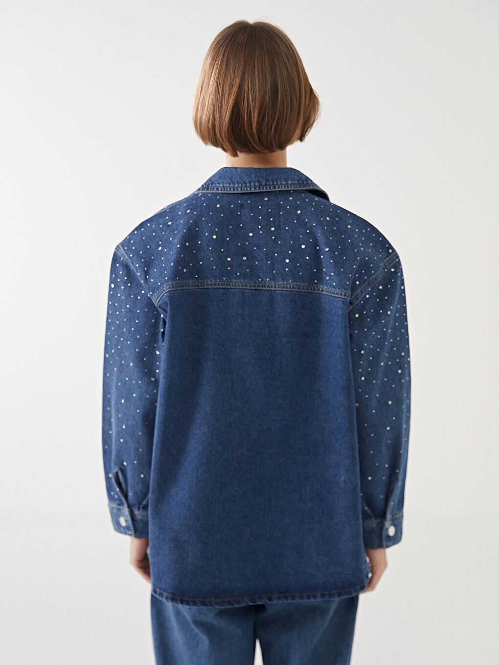 İndigo Gömlek Yaka Parlak Taşlı Oversize Kadın Jean Ceket-4