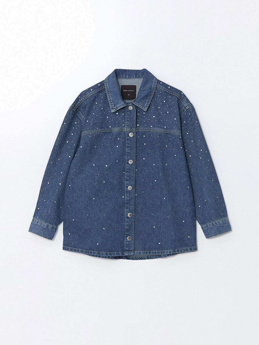 İndigo Gömlek Yaka Parlak Taşlı Oversize Kadın Jean Ceket-5