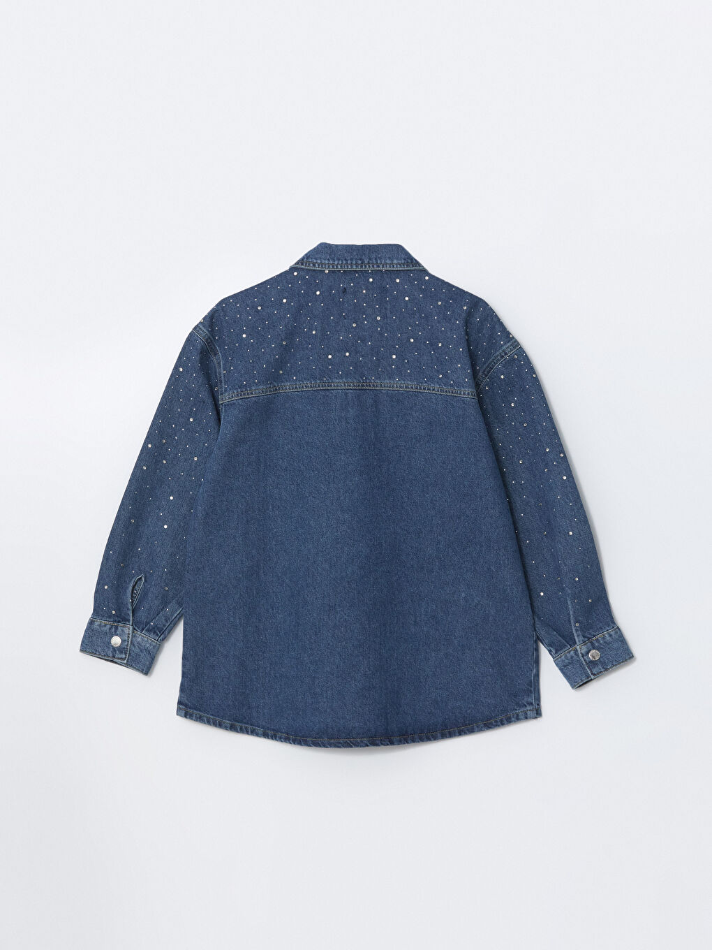 İndigo Gömlek Yaka Parlak Taşlı Oversize Kadın Jean Ceket-7