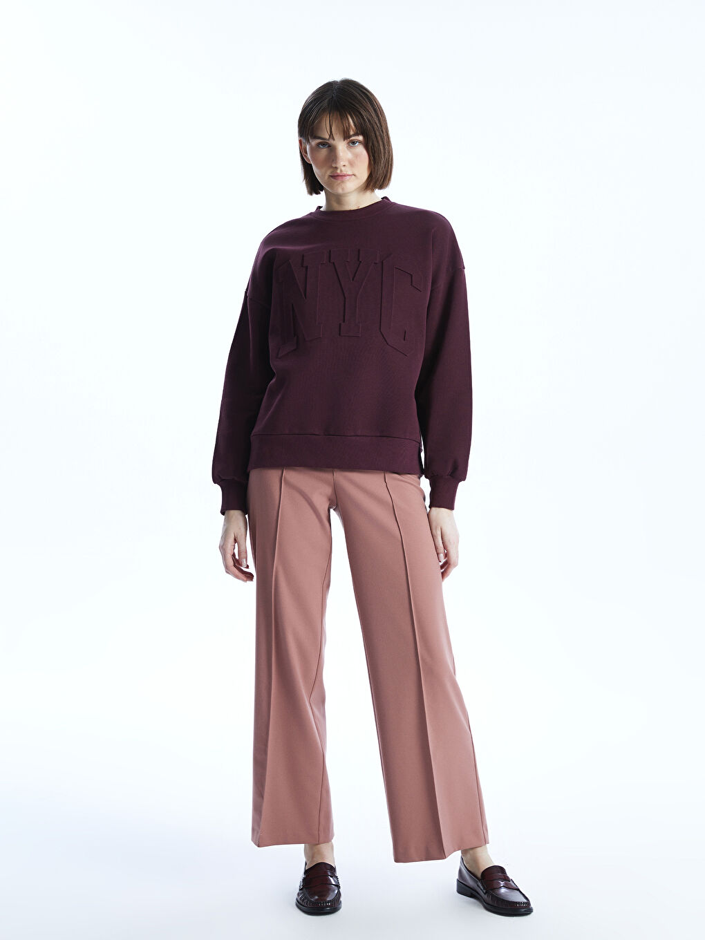 Mürdüm Bisiklet Yaka Baskılı Oversize Kadın Kalın Sweatshirt-1