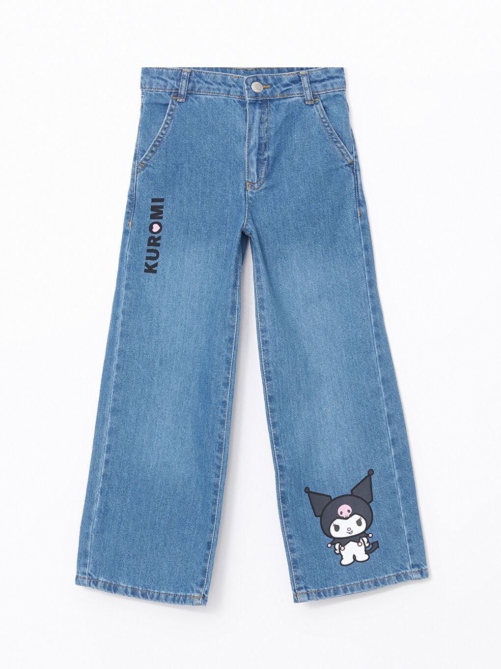 LCW Kids İndigo Beli Ayarlanabilir Lastikli Kuromi Baskılı Kız Çocuk Jean Pantolon