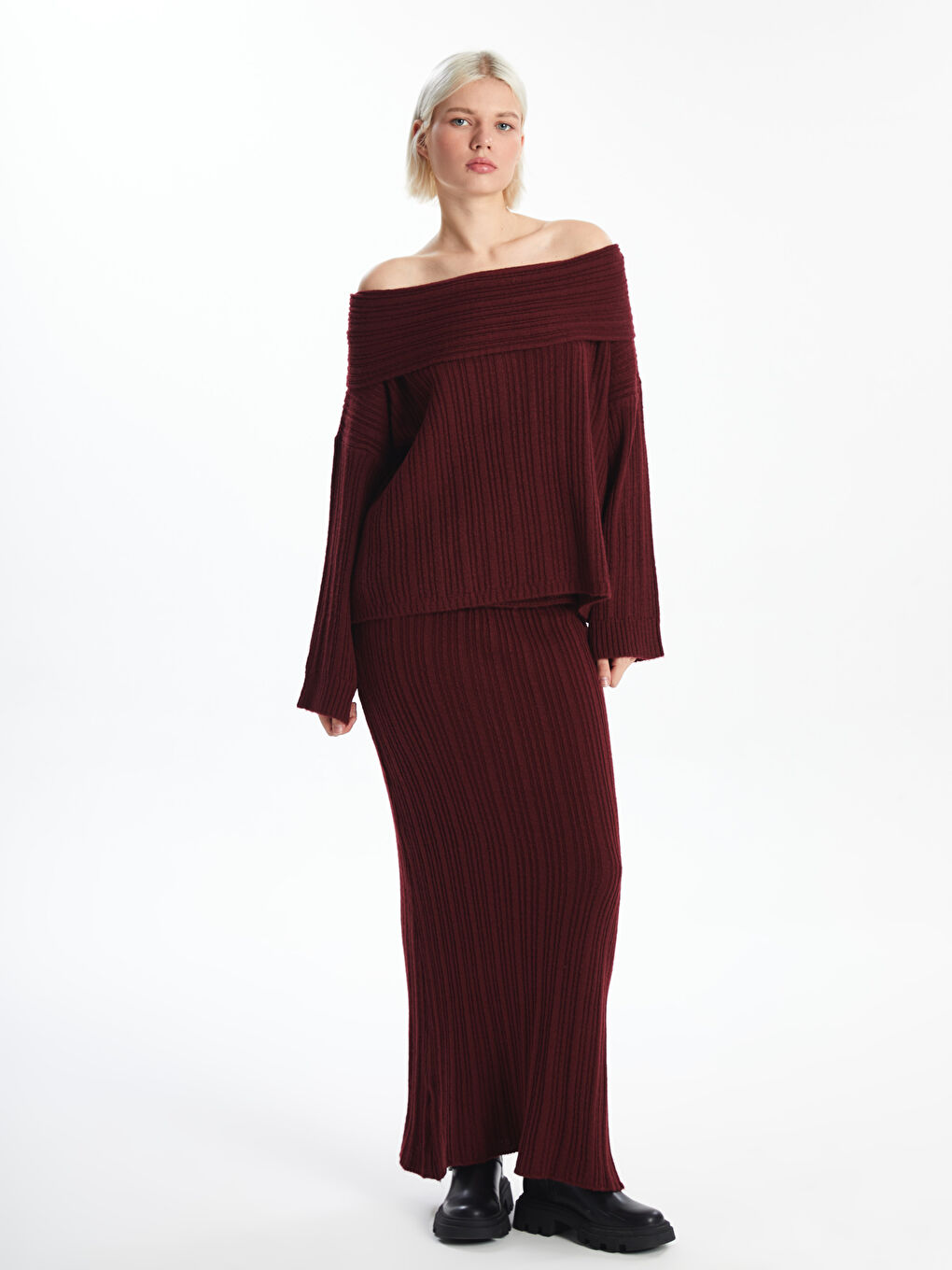 Bordo Kayık Yaka Kadın Triko Kazak-1