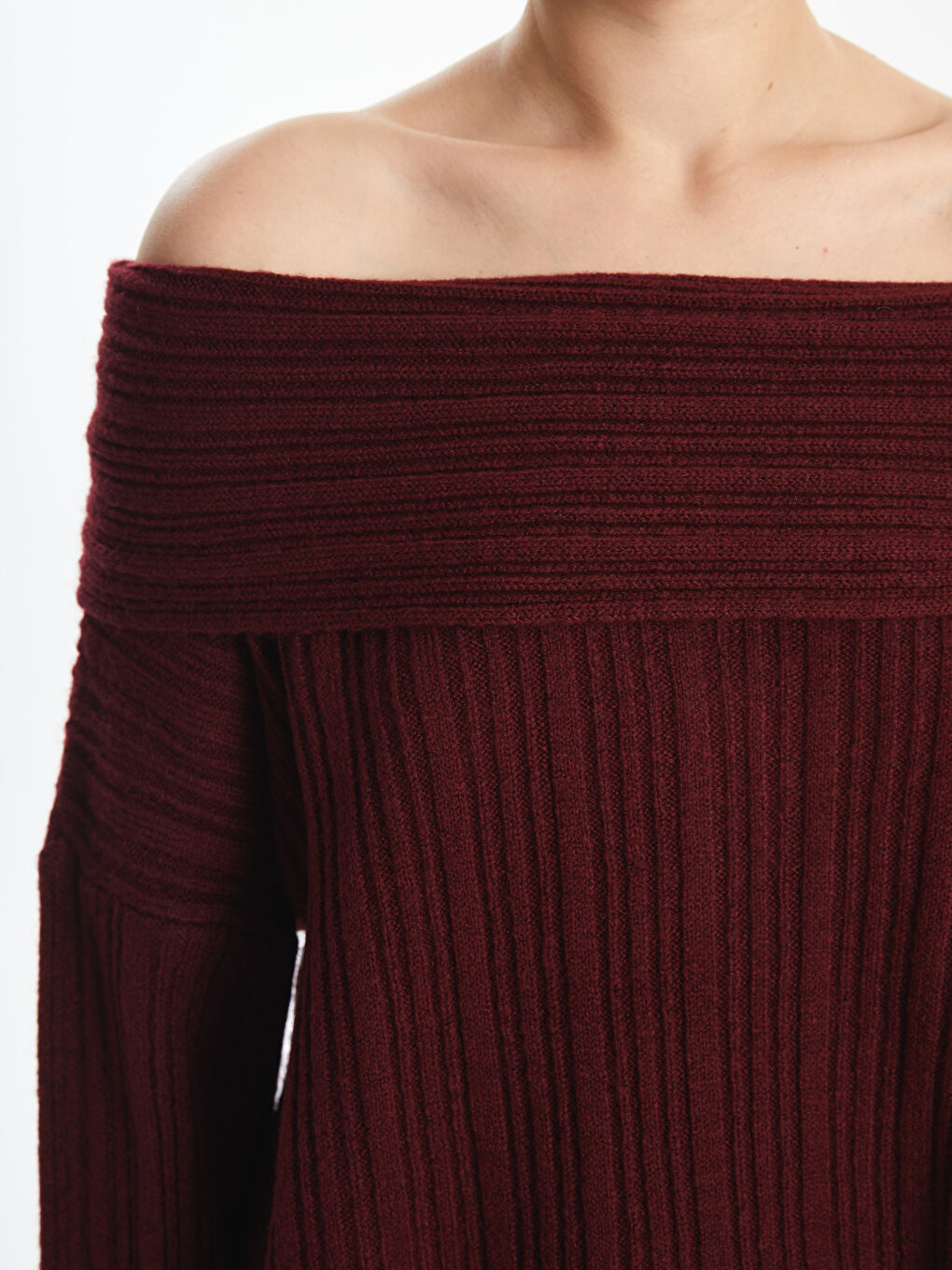 Bordo Kayık Yaka Kadın Triko Kazak-2