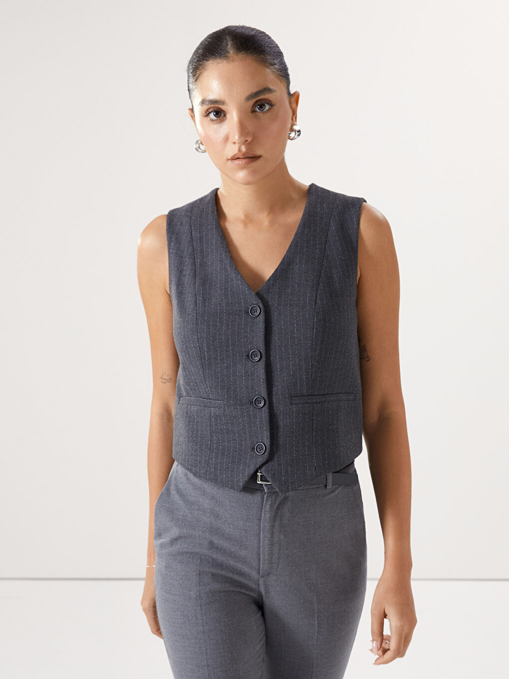 LCW Vision V-Neck Striped Women's Classic Waistcoat -W4KY19Z8-LE0