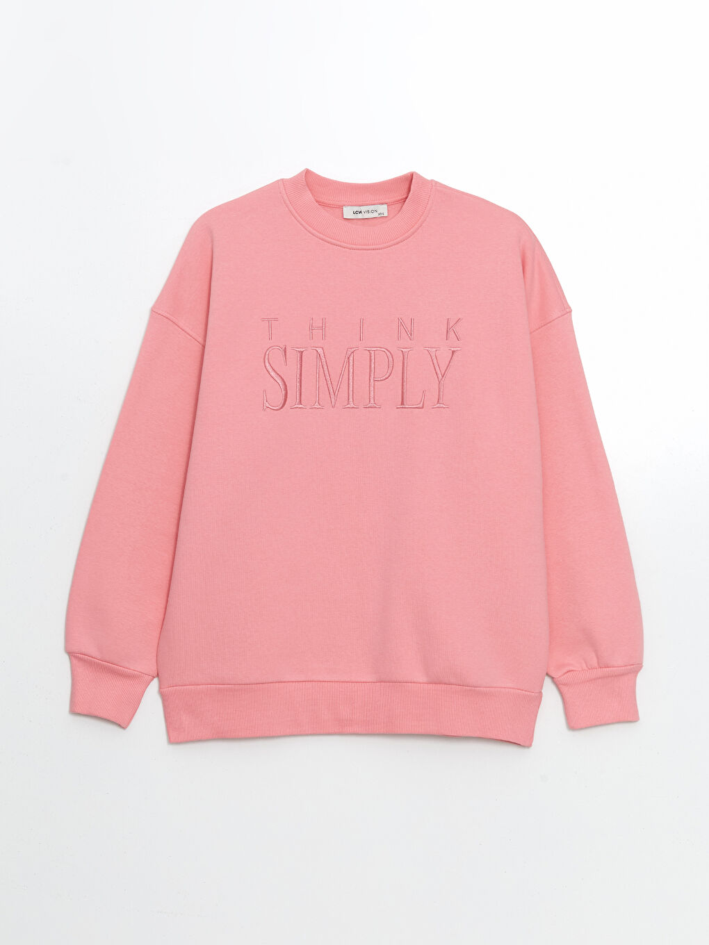 LCW Vision Pembe Bisiklet Yaka Nakışlı Oversize Kadın Kalın Sweatshirt - 4